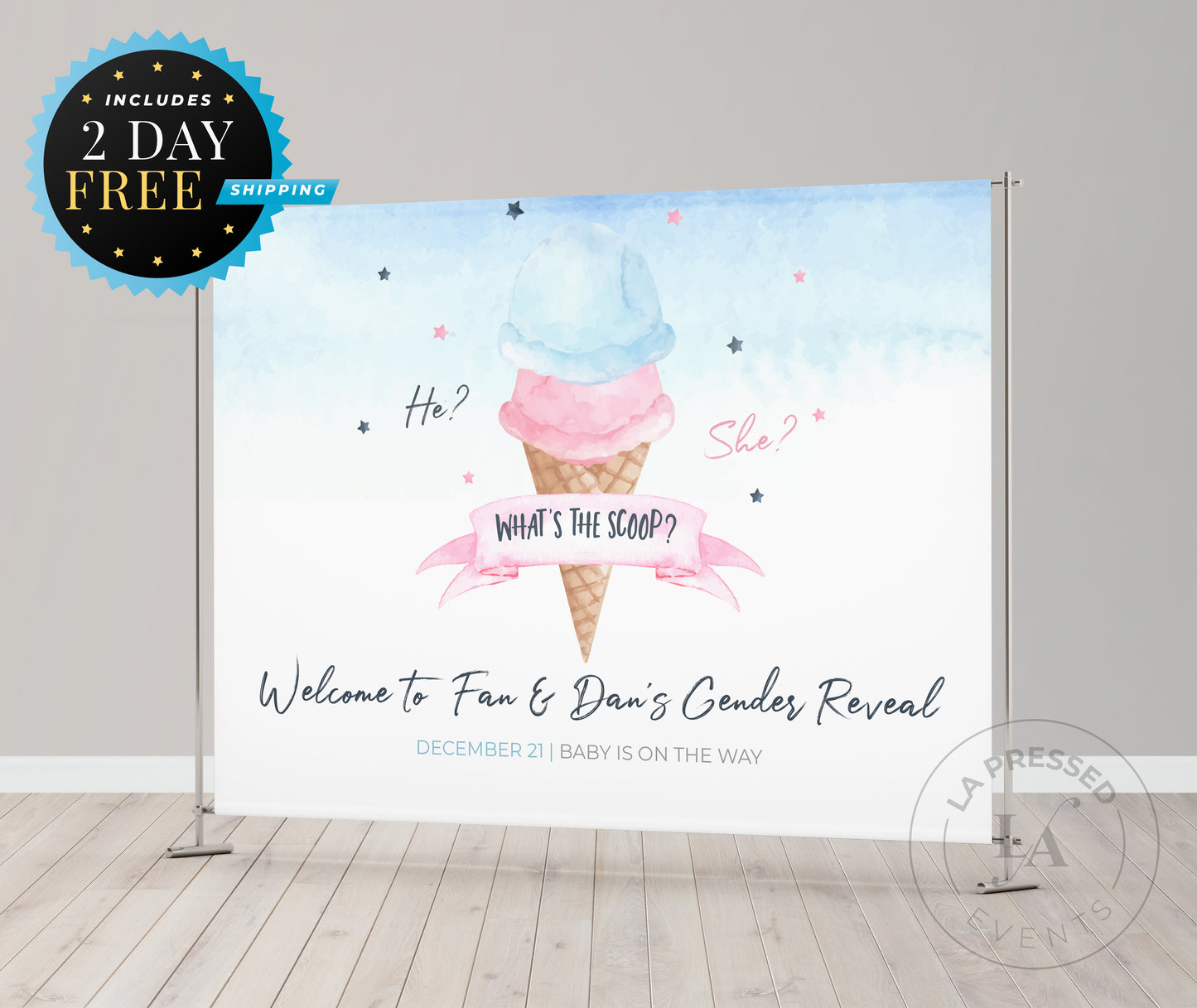 Gender Reveal Banner, Gender Reveal backdrop, Gender Reveal Sign, Boy or Girl Sign, Blue and Pink, Ice Cream Gender Reveal, What's the Scoop